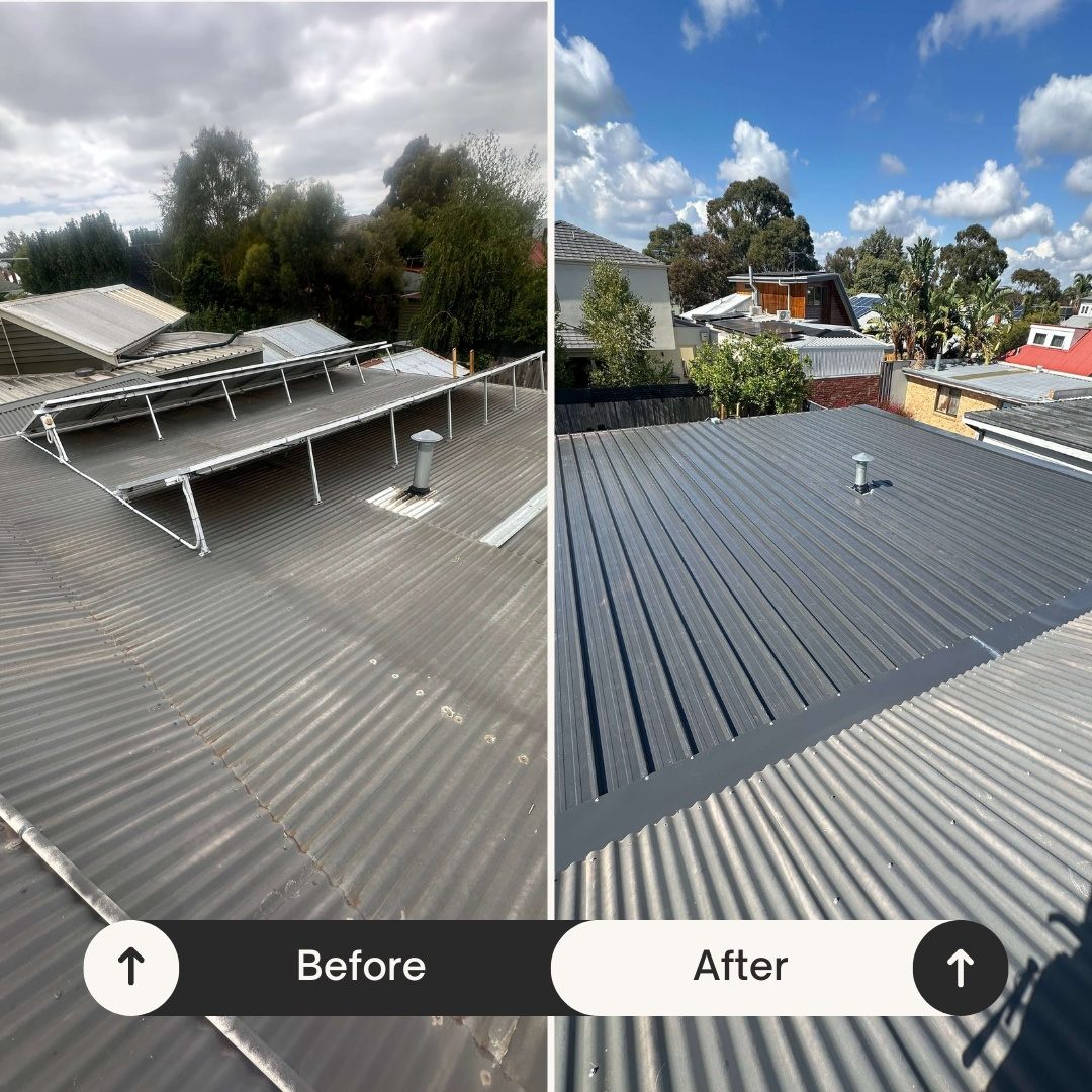 Before and after comparison of a Brisbane tile roof restoration and repaint