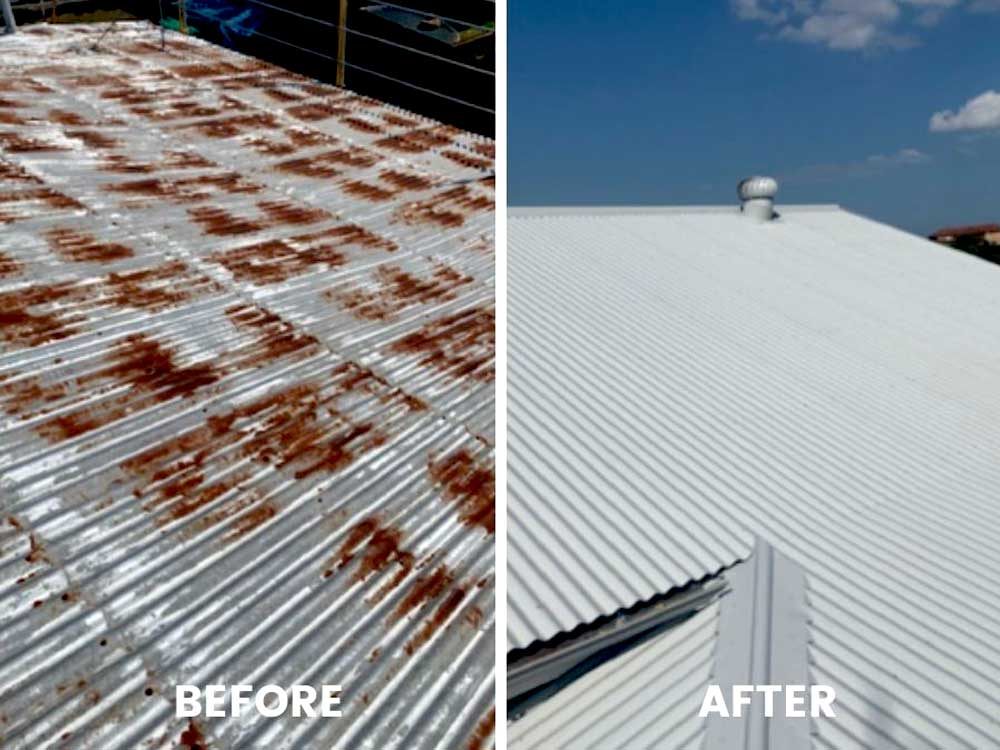 Before and after of a rusted metal roof repainted in a light colour